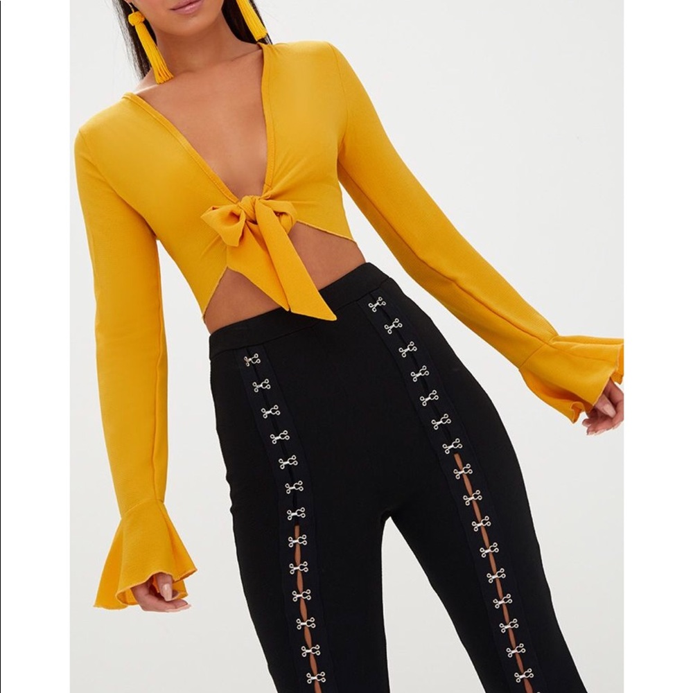 PrettyLittleThing Mustard Tie Front Sleeve Blouse